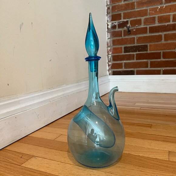 Vintage 1960's Bischoff Turquoise Pinched Center Glass Decanter With Stopper - Picture 7 of 9